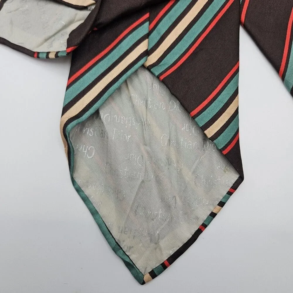 VTG Christian Dior Silk Brown Base Stripe Tie Old Money Designer 56.5x4 1/8